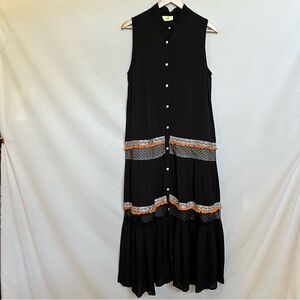 Sleeveless Black Tiered Maxi Dress with Lace and Coral Fringe Accents